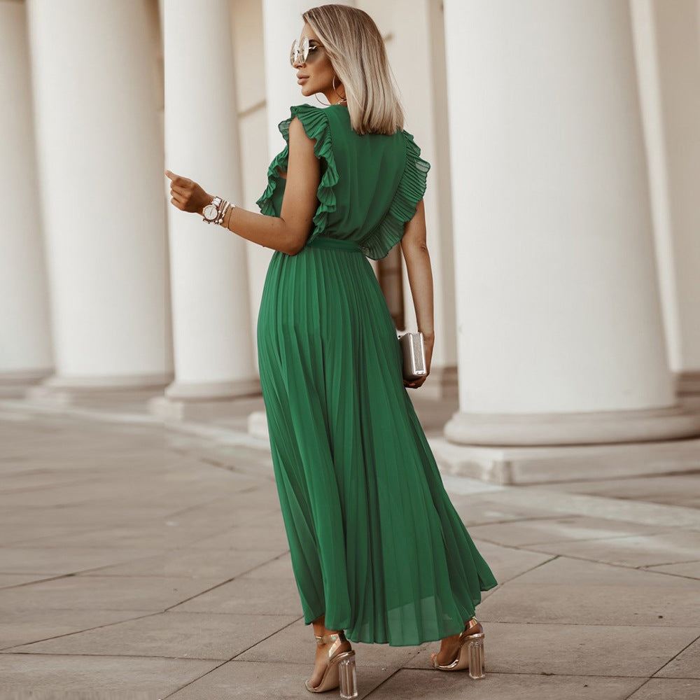 Elegant Beach Dress Fashionable Slim Fit Sexy Ruffle Sleeve Chiffon Pleated Solid Color Dress