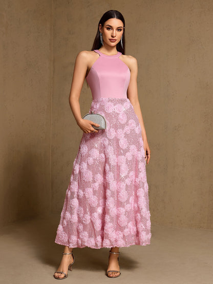 Spring Summer Halter Print Stitching Large Hem Fully Lined Evening Dress Party Dress