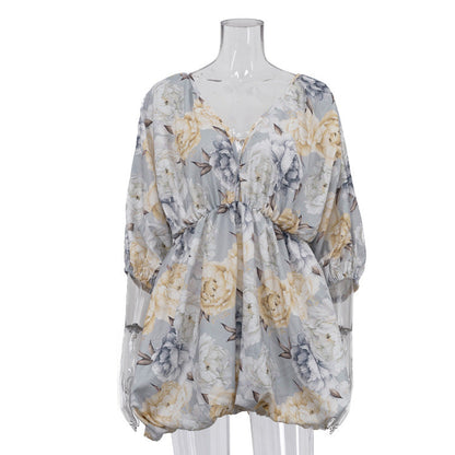 Printed Dress for Women Summer Sexy Backless V neck Puff Sleeve Tied High Waist A line Dress