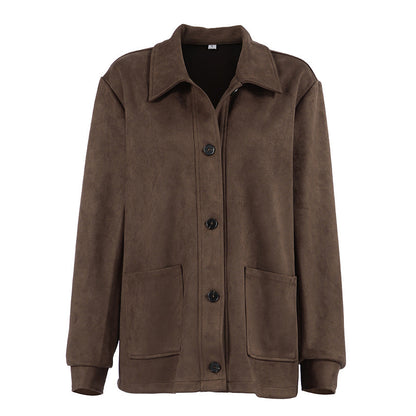 Autumn Winter Retro Maillard Suede Collared Long Sleeved Coat Women Simple Light Luxury Loose Figure Flattering