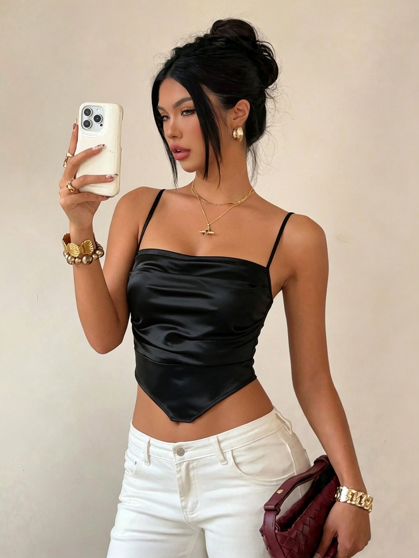 Square Collar Camisole Women Pleated Waist Tight Slimming Irregular Asymmetric Hem Short Top