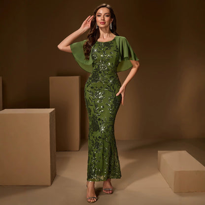Summer Autumn round Neck Shawl Sequin Stitching Fully Lined Fishtail Evening Party Dress
