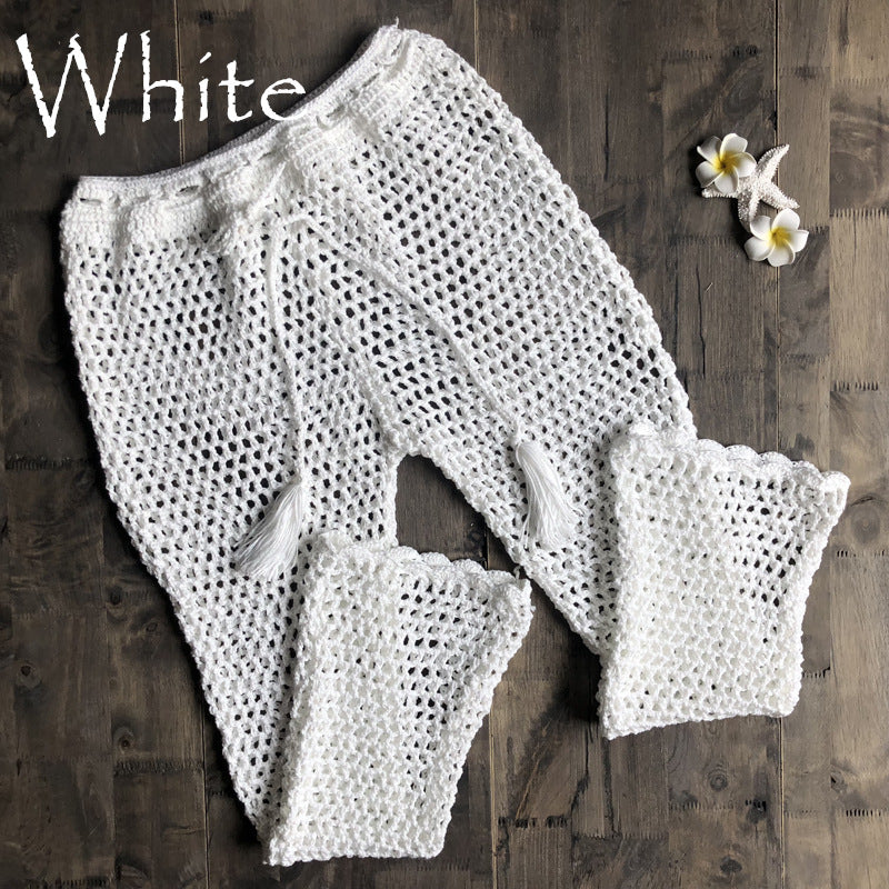 Knitted Hollow Out Cutout Beach Fishnet Pants Women Hand Crocheting Beach Lace up Trousers Sun Protective Pants