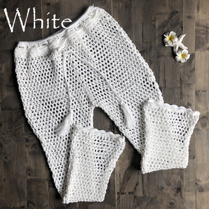 Knitted Hollow Out Cutout Beach Fishnet Pants Women Hand Crocheting Beach Lace up Trousers Sun Protective Pants