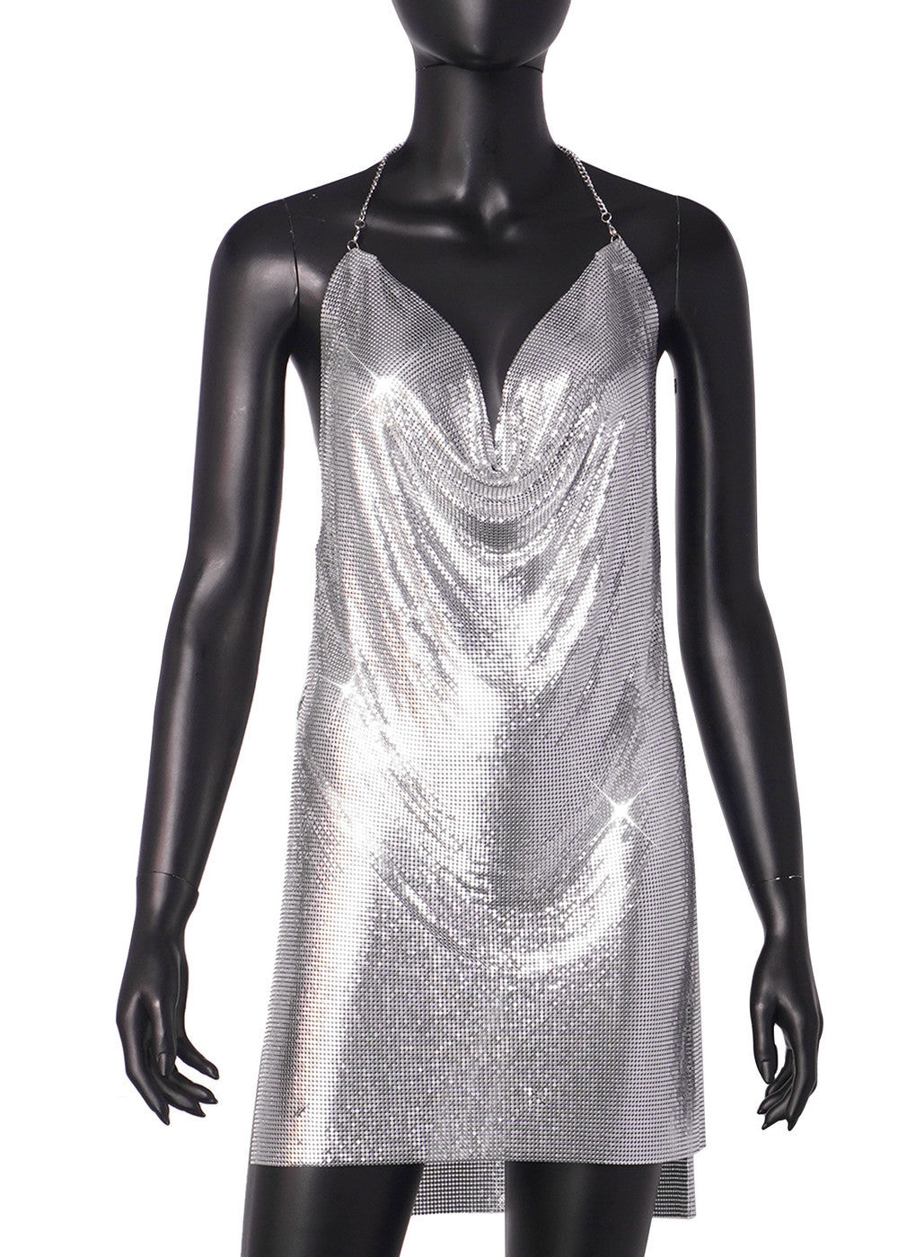 Backless Metal Sequ V neck Brace Halter Nightclub Split Dress