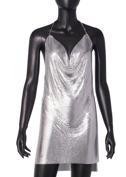 Backless Metal Sequ V neck Brace Halter Nightclub Split Dress