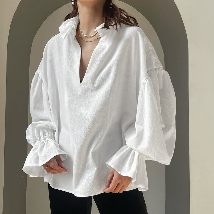 Spring Women Clothing Cotton White Shirt Texture Loose V neck Puff Sleeve Long Sleeved Top