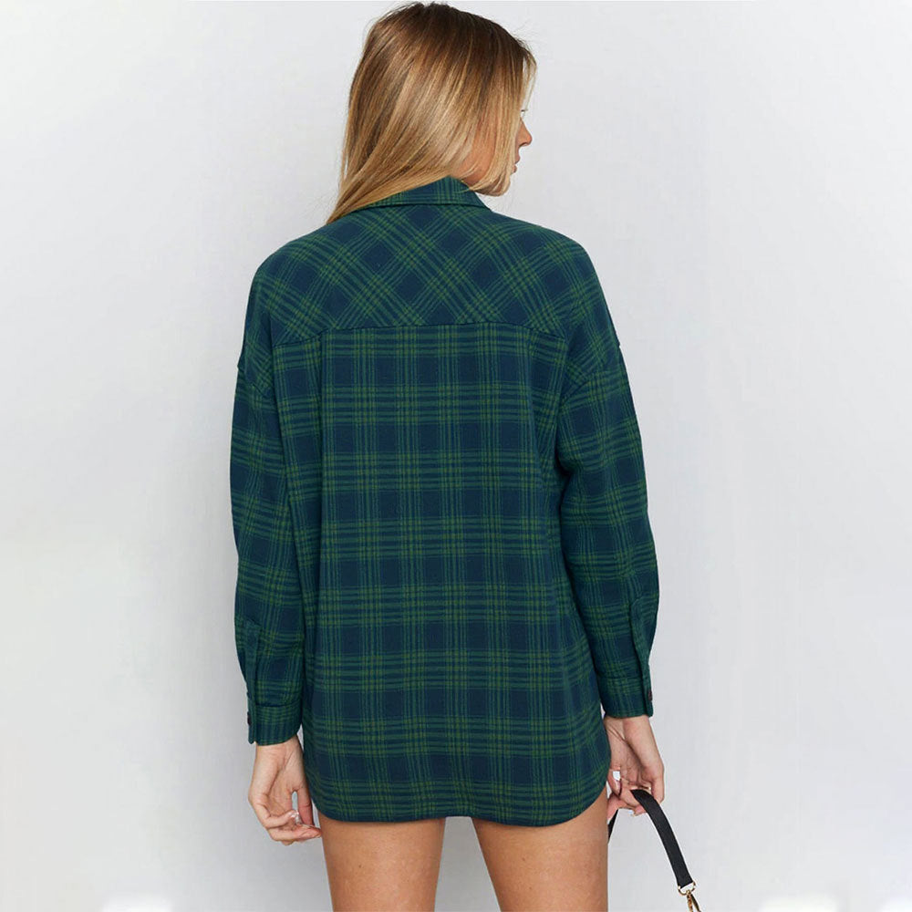 Women Long Sleeved Shirt Autumn Casual Loose Plaid Idle Contrast Color Cardigan Shirt