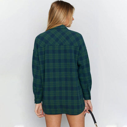 Women Long Sleeved Shirt Autumn Casual Loose Plaid Idle Contrast Color Cardigan Shirt