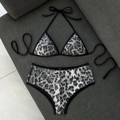 Leopard Sequ Split Trim Boxers Split Swimwear Swimsuit Bikini