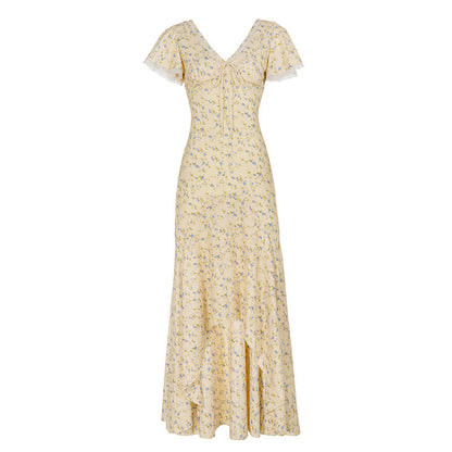 Summer French Elegant Floral Lace V neck Dress Wave Idyllic Vacation Asymmetric Skirt