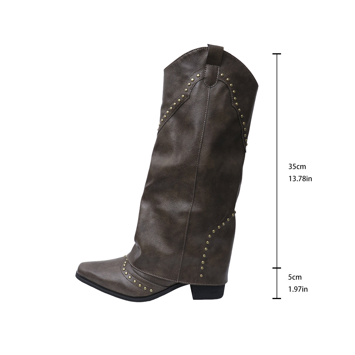 Retro Rivet High Top Western Cowboy Boot Women Long Mid Heel Pointed Toe Slip on Knight Boots Long Boots