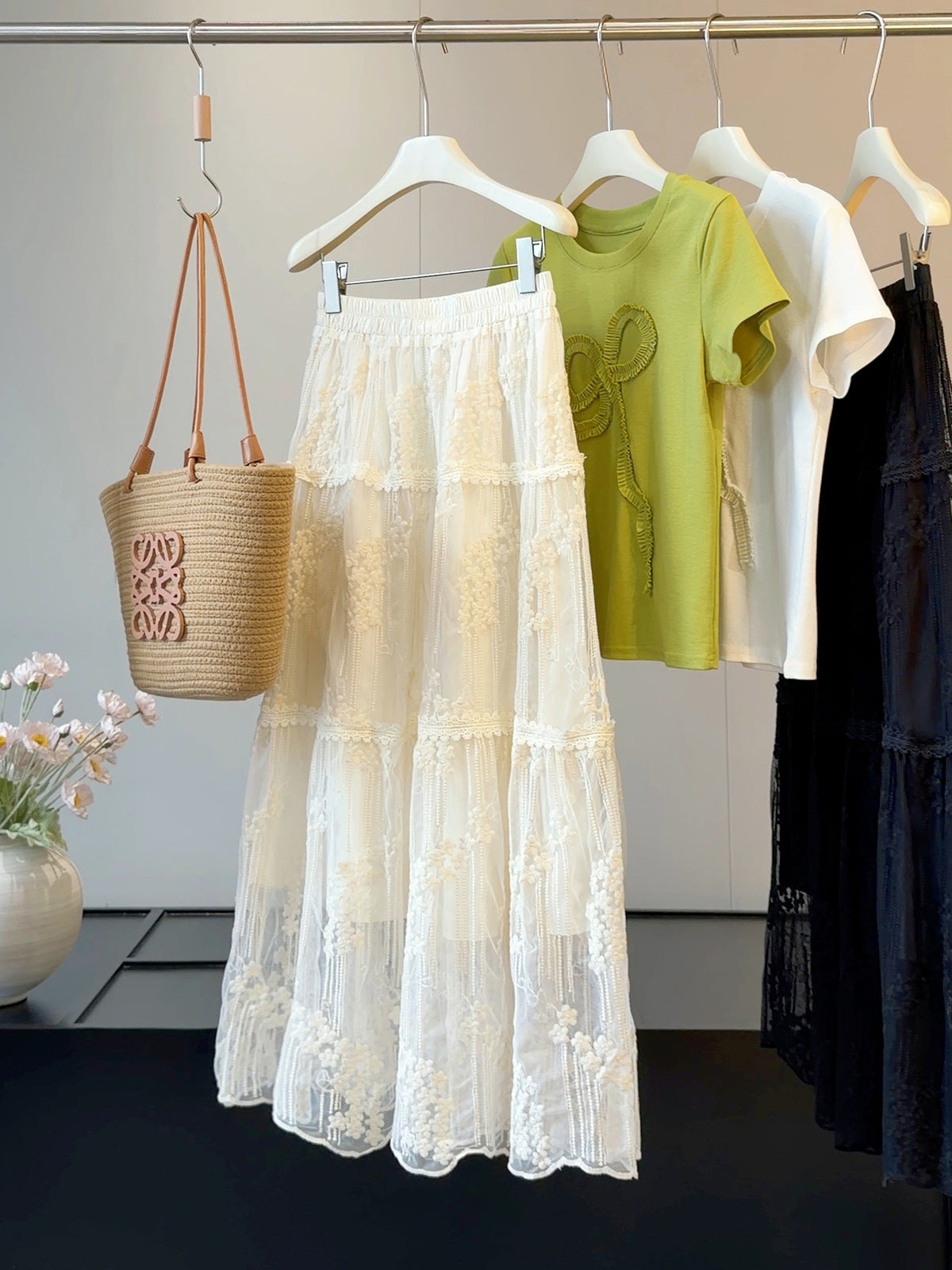 Gentle Three Dimensional Floral Lace Skirt Women Summer Elastic High Waist Hollow Out Cutout out Mesh Large Swing