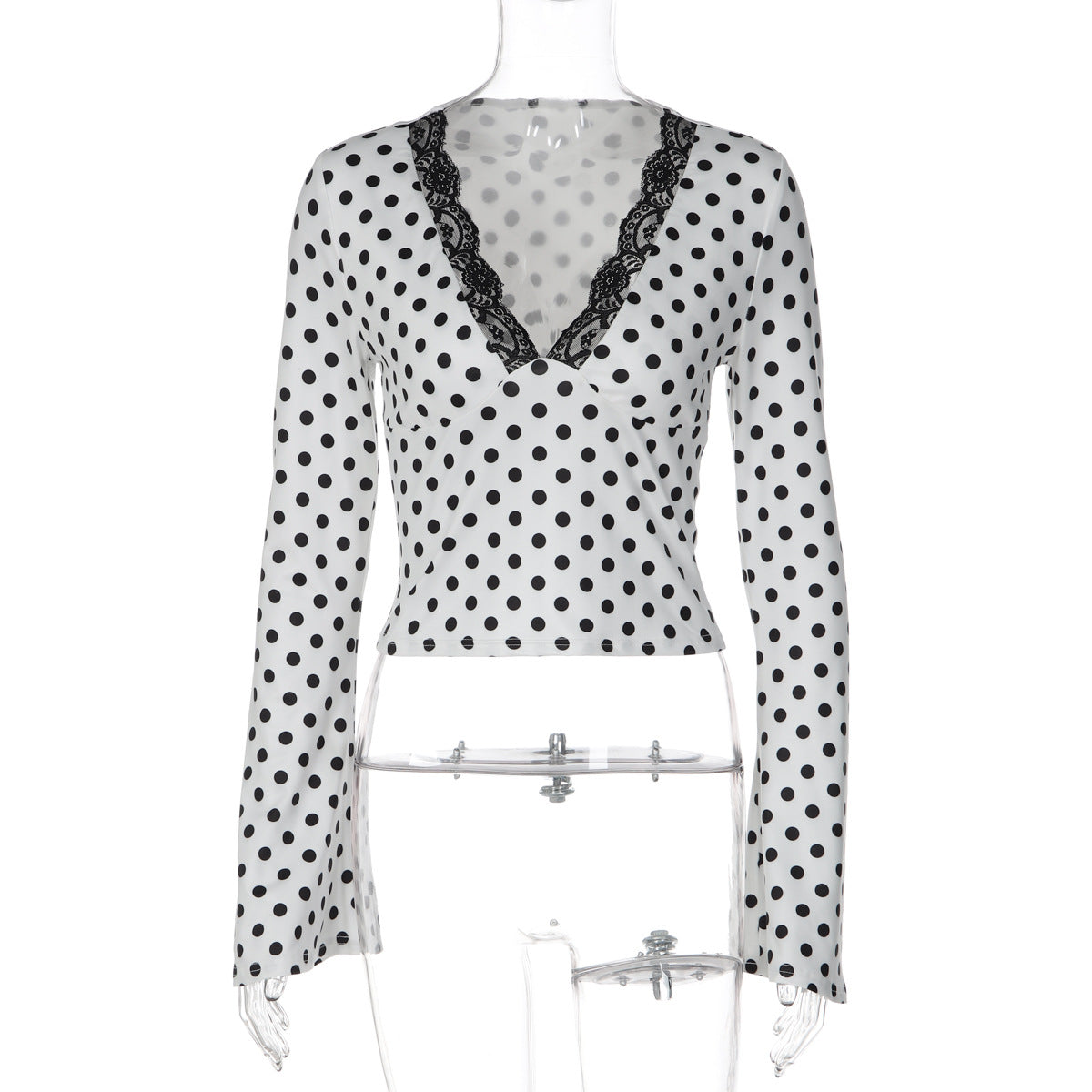 French Polka Dot Printed Top Summer Casual V neck Lace Ruffled Short Sleeves T shirt Women