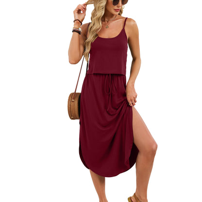Spring Summer Solid Color U Neck Camisole Drawstring Split Dress
