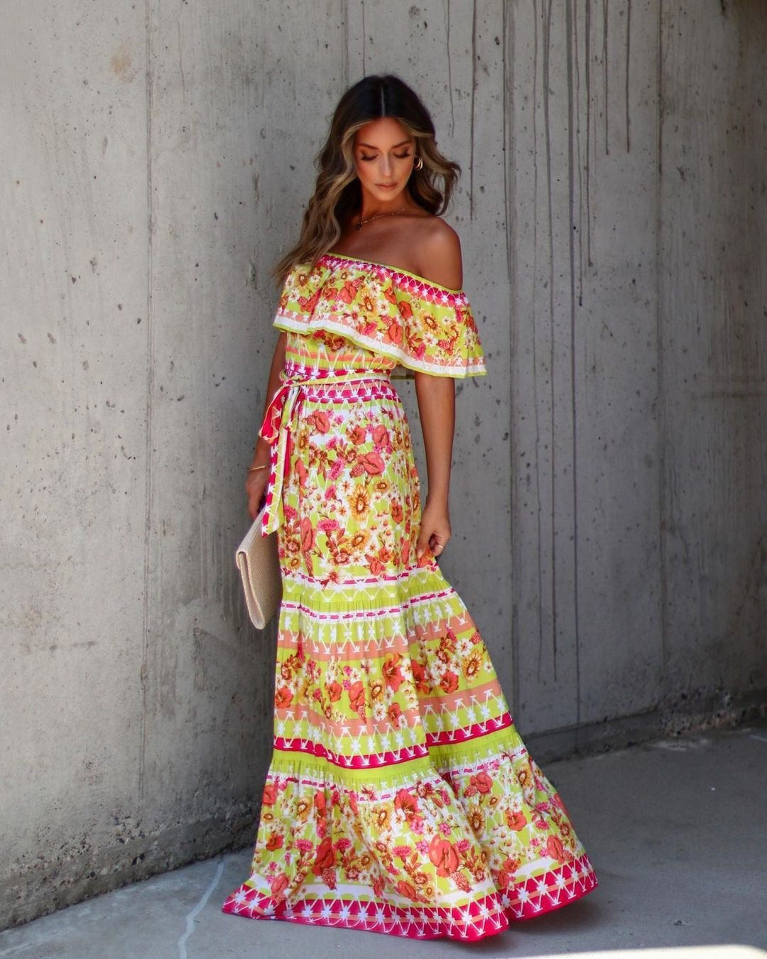 Spring Summer off Shoulder Printing Long Large Hem Dress