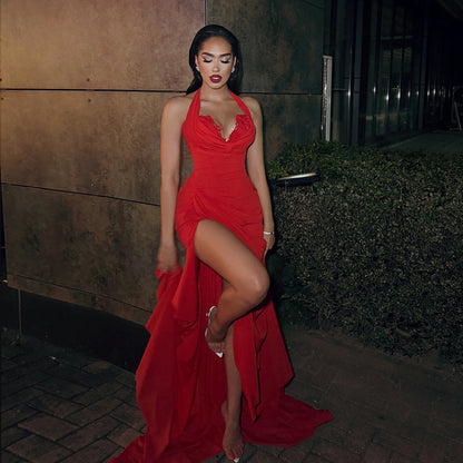 Sexy Suspenders Halter Split Sexy Backless Women Dress