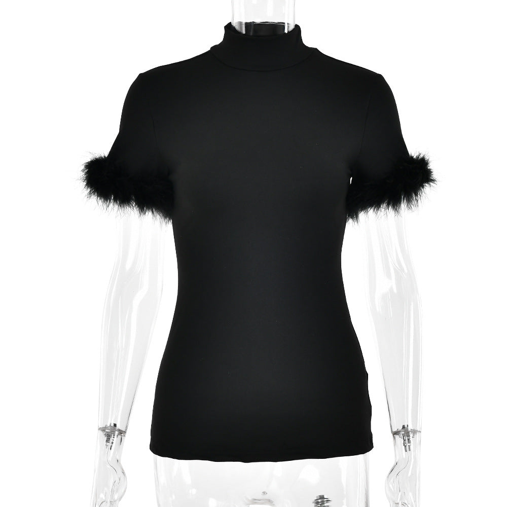 Summer Feather Sleeve Printed Design Women T shirt Slim Sexy Top