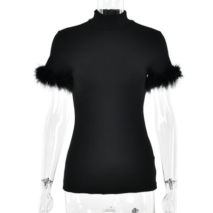 Summer Feather Sleeve Printed Design Women T shirt Slim Sexy Top