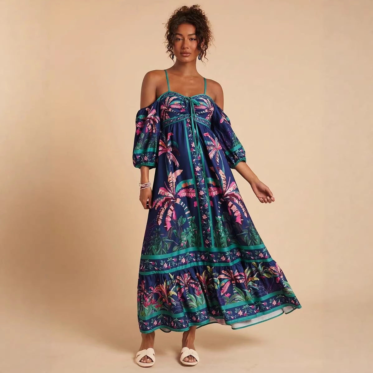 Summer Positioning Printing Sling off Shoulder Dress