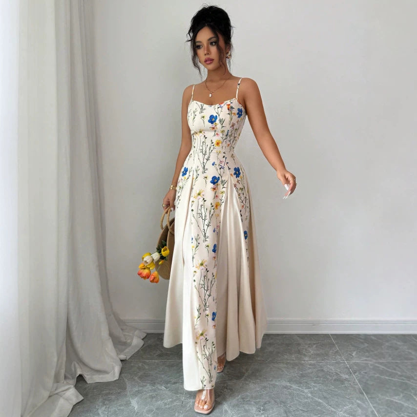 Summer Printed Waist Controlled Splicing Sling Maxi Dress Women Elegant Floral Dress