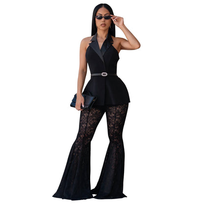 Sleeveless Backless Sexy Lace Bell Bottom Pants Two Piece Set