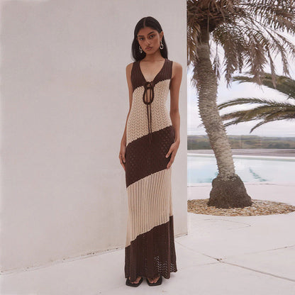 Sexy Striped Knitted Hollow Out Cutout out Beach Cover up Bikini Swimsuit Beach Dress for Women