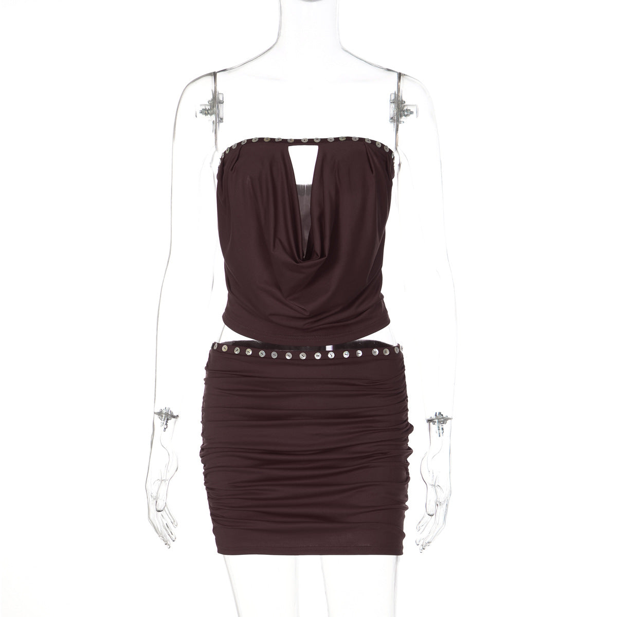 Women Clothing Winter Sexy Sleeveless Tube Top Fastener Decoration Pleated Slim Fit Skirt Two Piece Sets