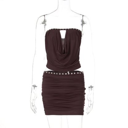 Women Clothing Winter Sexy Sleeveless Tube Top Fastener Decoration Pleated Slim Fit Skirt Two Piece Sets