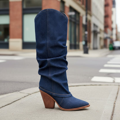 Vintage Pointed-Toe Chunky Heel High Tube Boots — Statement Heels