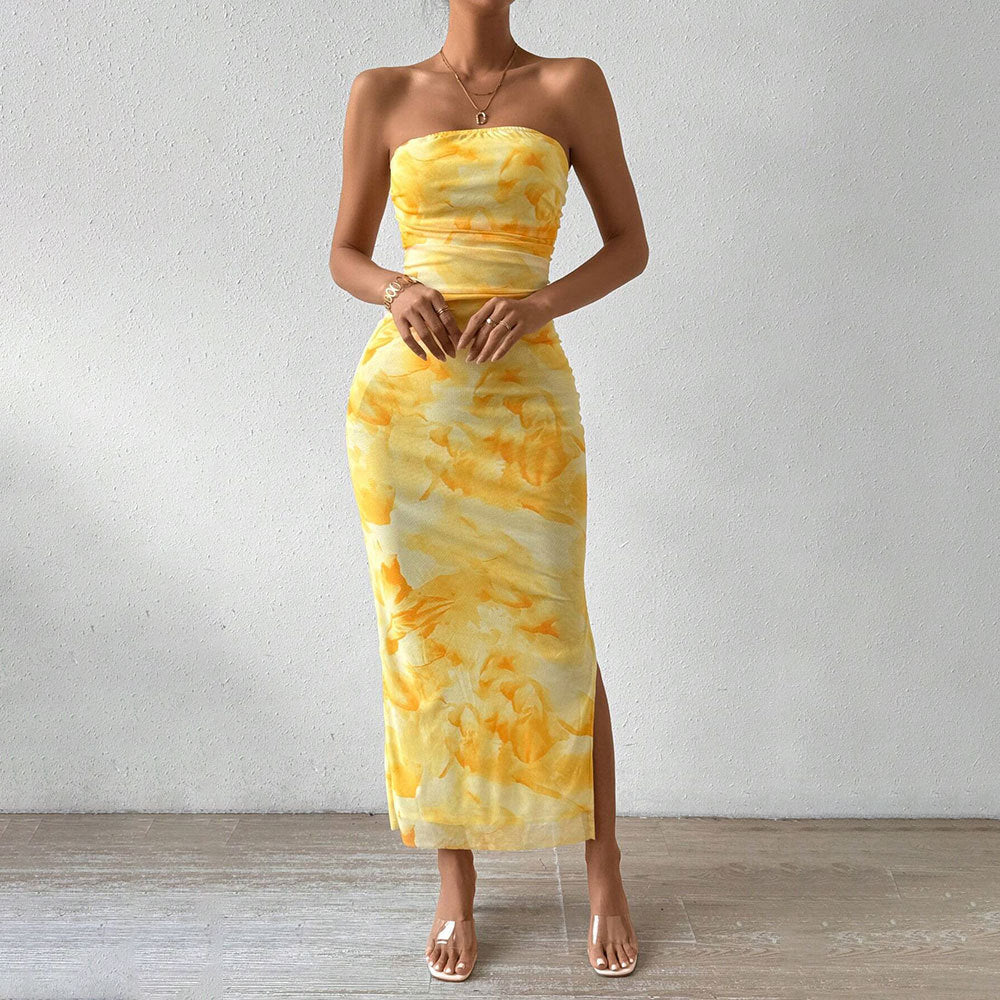 Printed Dress Spring Summer Women Clothing High Waist Slit Tube Top Dress