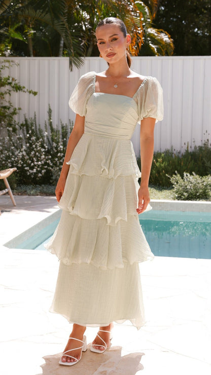 Backless Puff Sleeve Tiered Dress Long