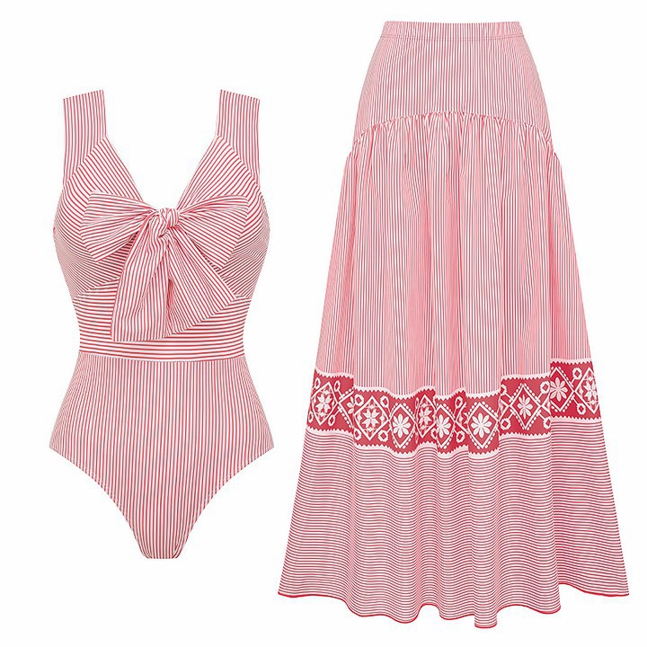 Striped Bow Swimsuit Women Vacation Beach Two Piece Sets