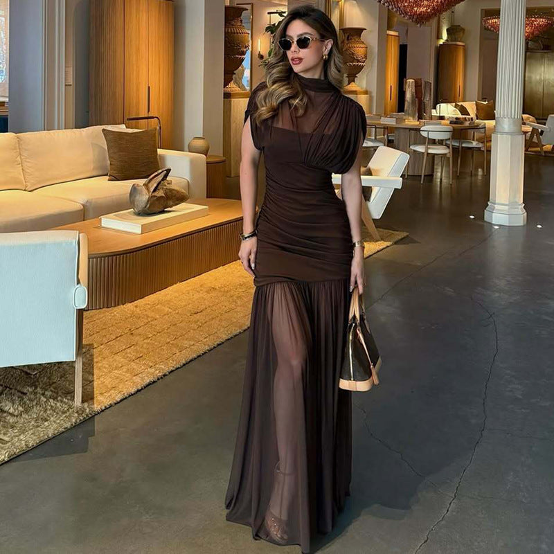 Sexy Socialite Tight Waist Close Fitting Stitching Gauzy Package Hip Maxi Dress for Women