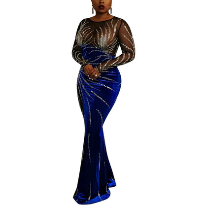 Maxi Dress Sexy Sheer Mesh Stitching Velvet Party Evening Dress Women
