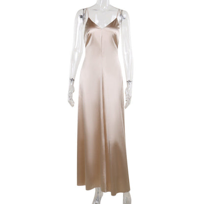 Fall Maxi Dress Socialite Sexy V neck Backless Satin Strap Dress