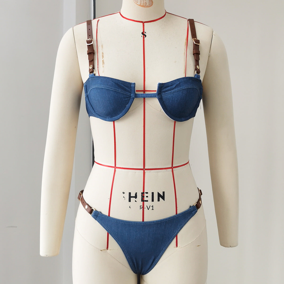 Faux Denim Low Waist Adjustable Triangle Bikini Sexy Belt Push up Split Swimsuit Women