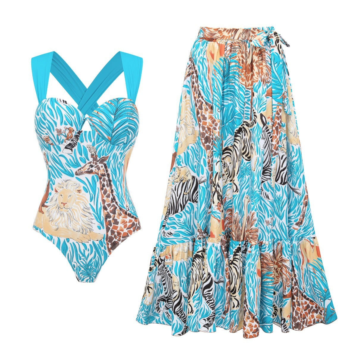 Swimsuit Blue Color Animal Print One Piece Swimsuit Women Long Skirt Two Piece Set