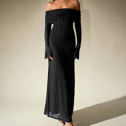 Mesh Silver Square Dress Sexy off Shoulder Flared Long Sleeve Dress Maxi Dress