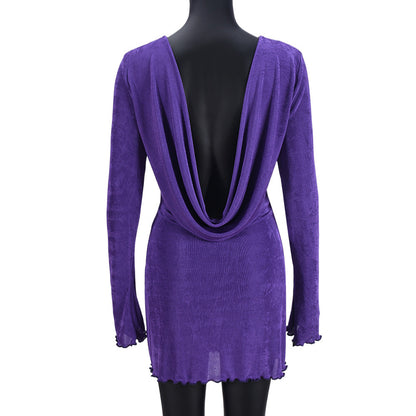 Spring Summer Women Clothing Wooden Ear Hollow Out Cutout Backless Long Sleeve Short Dress Women