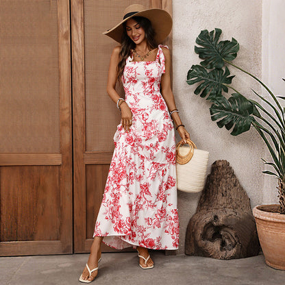 French Vacation Strap Retro Printed Large Swing Dress
