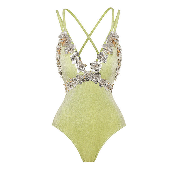 Swimsuit Green Thin Glittering Fabric Applique High Sense Swimsuit Women