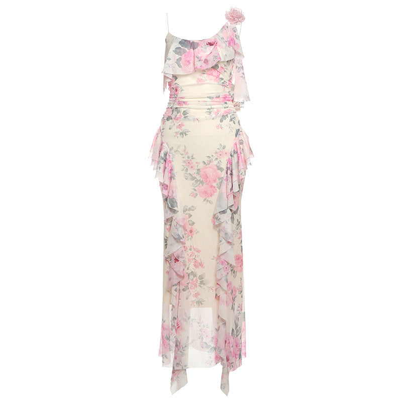 Spring Women Clothing French Sexy Ruffled Floral Decoration Printed Mesh Sling Dress