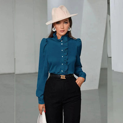 Women Shirt Autumn High Grade Acetate Fabric Shirt Half Sleeve Ruffled Straight Women Top