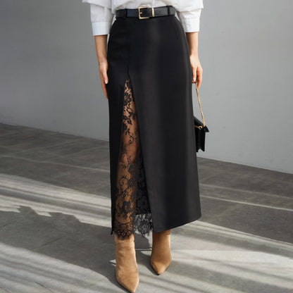 Summer Side Slit Stitching Lace Sexy See through Skirt All Matching Elegant Graceful Women Commuting Wear（Without belt）
