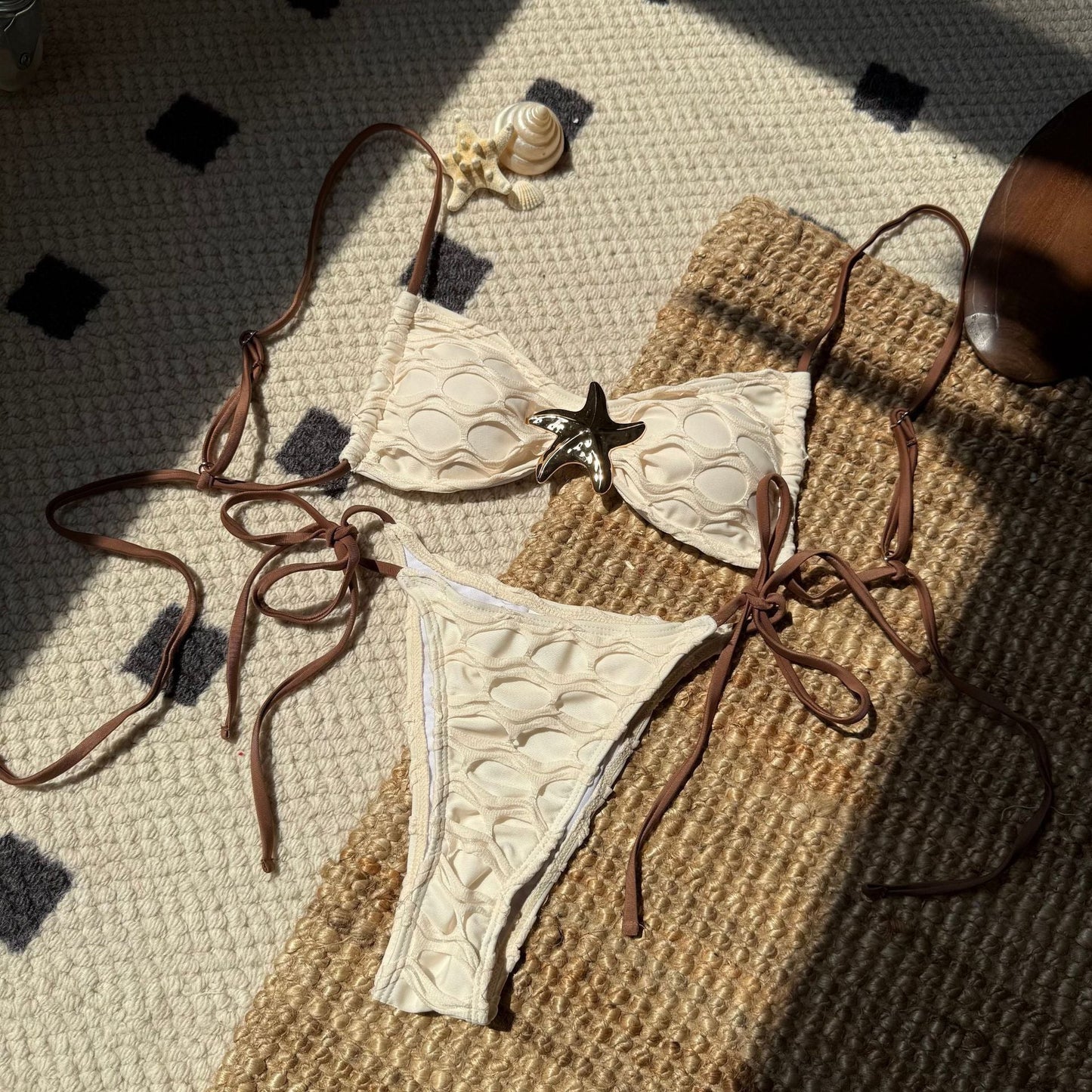 Sexy Backless Mesh Stitching Drawstring Strap Split Swimsuit Bikini
