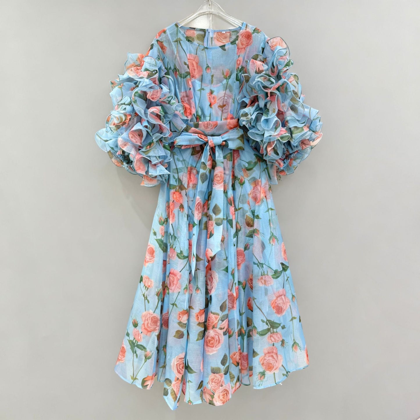 Retro Romantic Palace Rose Print Dress for Women round Neck Design Puff Sleeve Dress