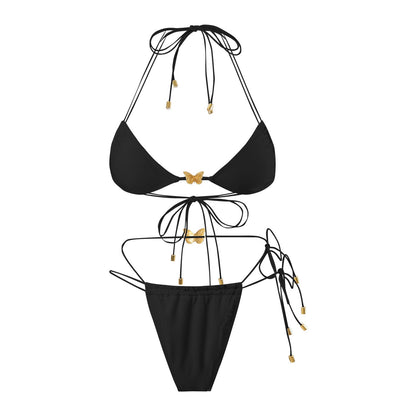 Solid Color Elastic String Butterfly Ornament Bikini Sexy Split Triangle Bag Tied Swimsuit Women