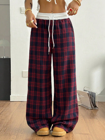 Loose Lazy Straight Plaid Stitching High Waist Drooping Casual Sports Pants