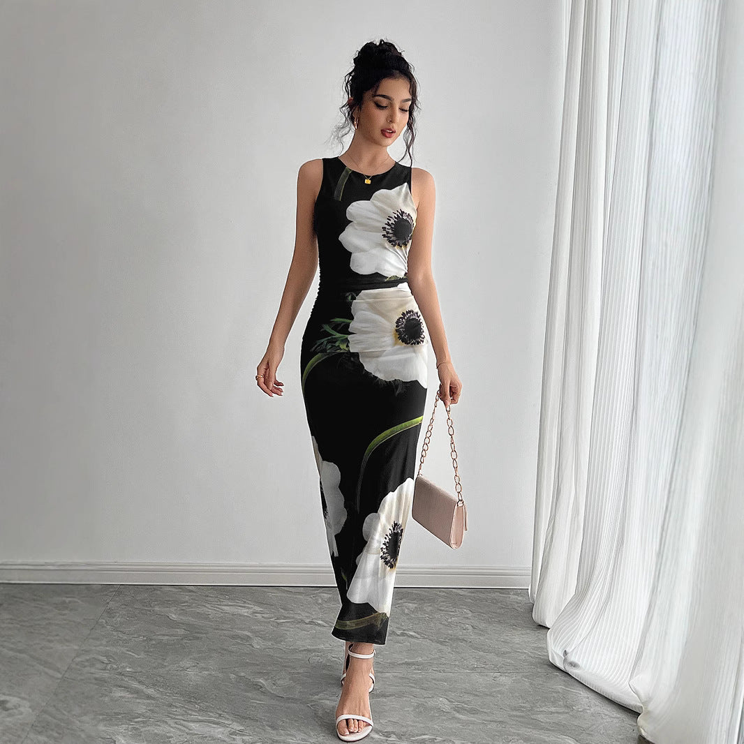Spring Summer Women Black Mesh Floral Print Sleeveless Maxi Dress